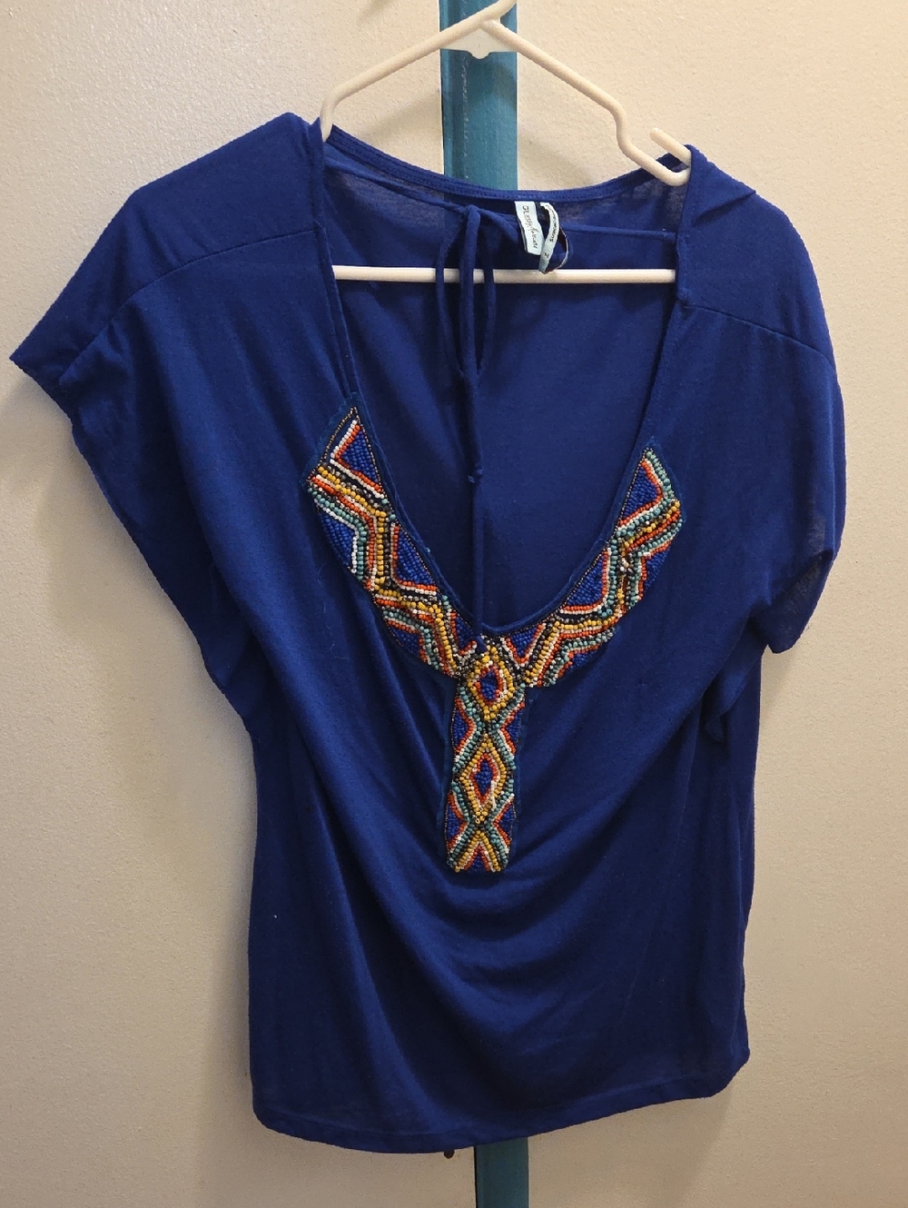 Guess by Marciano Royal Blue Short Sleeve V-Neck Top with Multicolor Bead Trim